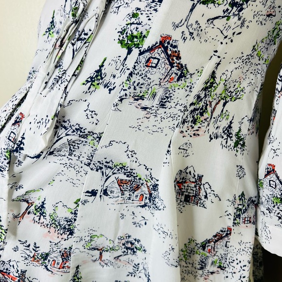 Anthropologie Maeve Swing Blouse SMALL Toile Novelty Tie Neck 3/4 Sleeve Button - Picture 6 of 12
